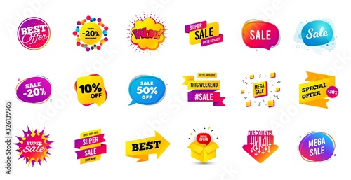 Sale offer banner. Discounts price tags. Coupon promotion templates. Black friday shopping icons. Cyber monday sale banner. Best offer badge. Price discounts icons. Deal templates. Vector