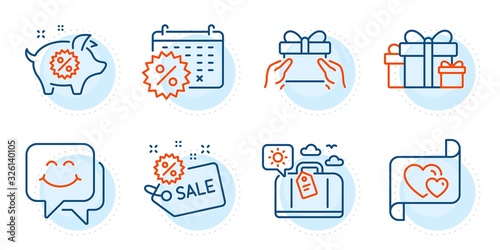 Sale, Calendar discounts and Give present signs. Love letter, Travel luggage and Holiday presents line icons set. Smile face, Piggy sale symbols. Heart, Trip bag. Holidays set. Vector