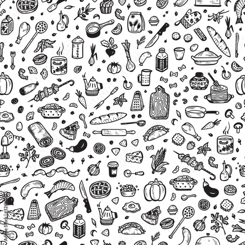Cooking Vector Seamless Pattern. Hand drawn doodle Food and Kitchen utensils.