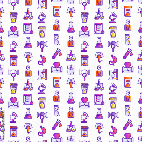 Medical analyzes seamless pattern with thin line icons: blood test, urine test, stool, ECG, mammography, sperm, DNA, ultrasound, EEG, X-ray, gastroscopy. Vector illustration for laboratory web page.