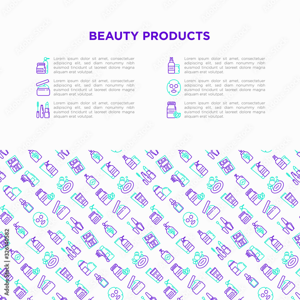 Beauty products concept with thin line icons: skin care, cream, gel, organic cosmetics, make up, soap dispenser, nail care, beauty box, face oil, scrub, shampoo, sheet mask. Modern vector illustration