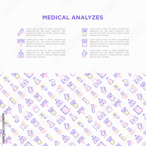 Medical analyzes concept with thin line icons: blood test, urine test, stool, ECG, mammography, sperm, DNA, ultrasound, EEG, X-ray, gastroscopy. Vector illustration for laboratory web page