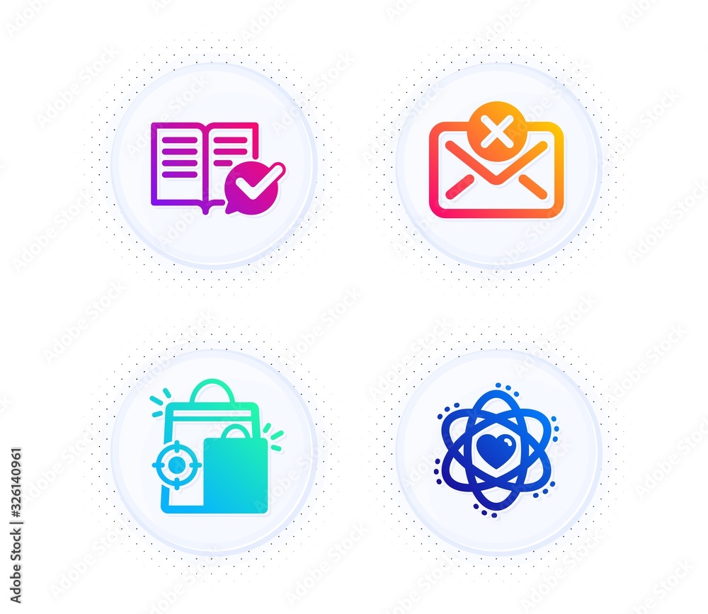 Seo shopping, Reject mail and Approved documentation icons simple set. Button with halftone dots. Atom sign. Analytics, Delete letter, Instruction book. Electron. Technology set. Vector Seo shopping, Reject mail and Approved documentation icons simple set. Button with halftone dots. Atom sign. Analytics, Delete letter, Instruction book. Electron. Technology set. Vector