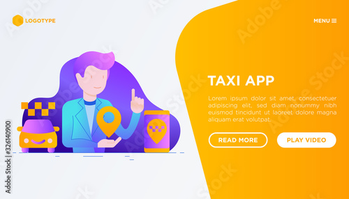 Man using taxi app. Web page template with flat icons: app settings, info, support service, location, pointer, route, destination. Vector illustration.