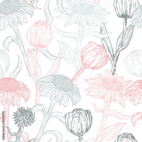 Vector Floral seamless pattern. Vintage background with Hand Drawn Tulips and Echinacea Purpurea Flowers.