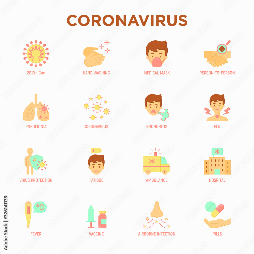 Coronavirus thin line icons set. Symptoms and prevention: 2019-ncov, surgical mask, person-to person, hand washing, pneumonia, bronchitis, ambulance, hospital, fatigue, vaccine. Vector illustration.