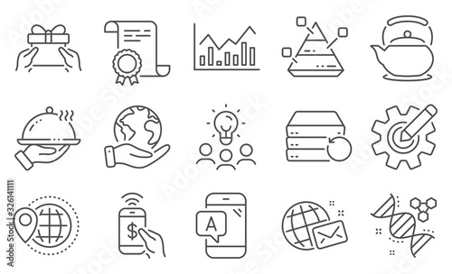 Set of Business icons, such as Chemistry dna, Pyramid chart. Diploma, ideas, save planet. World travel, Recovery server, Give present. Infochart, Ab testing, Teapot. Vector