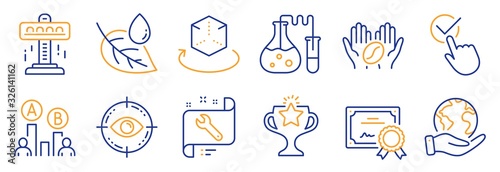 Set of Business icons, such as Eye target, Leaf dew. Certificate, save planet. Attraction, Victory, Spanner. Chemistry lab, Coffee, Checkbox. Augmented reality, Ab testing line icons. Vector