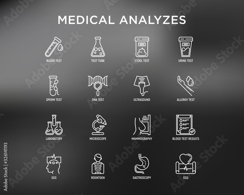 Medical analyzes thin line icons set: blood test, urine test, stool, ECG, mammography, sperm, DNA, ultrasound, EEG, X-ray, gastroscopy. Vector illustration for laboratory web page.