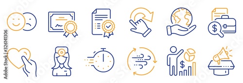 Set of Business icons, such as Oculist doctor, Cooking timer. Certificate, save planet. Hold heart, Like, Seo statistics. Accounting report, Rotation gesture, Certificate. Vector