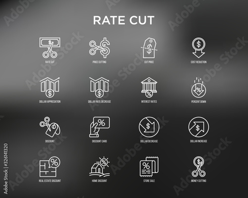 Rate cut thin line icon set: cutting price, cost reduction, sale, discount, receipt, loyalty card, interest. Modern vector illustration.