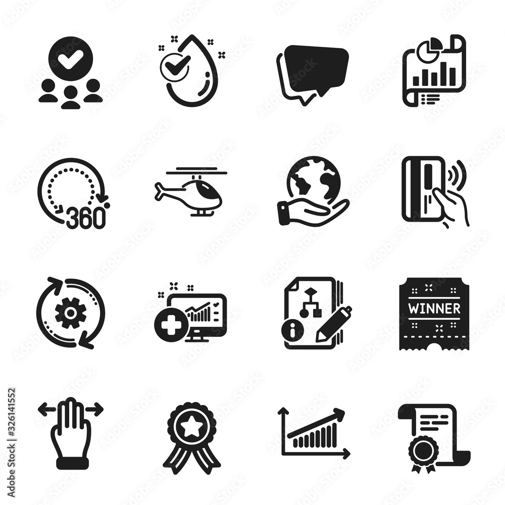 Set of Business icons, such as Water drop, Contactless payment. Certificate, approved group, save planet. Multitasking gesture, Chart, Algorithm. Winner ticket, Report document, 360 degrees. Vector Set of Business icons, such as Water drop, Contactless payment. Certificate, approved group, save planet. Multitasking gesture, Chart, Algorithm. Winner ticket, Report document, 360 degrees. Vector