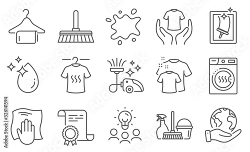 Set of Cleaning icons, such as Washing cloth, Window cleaning. Diploma, ideas, save planet. Clean towel, Household service, Hold t-shirt. Water drop, Dirty spot, Dry t-shirt. Vector