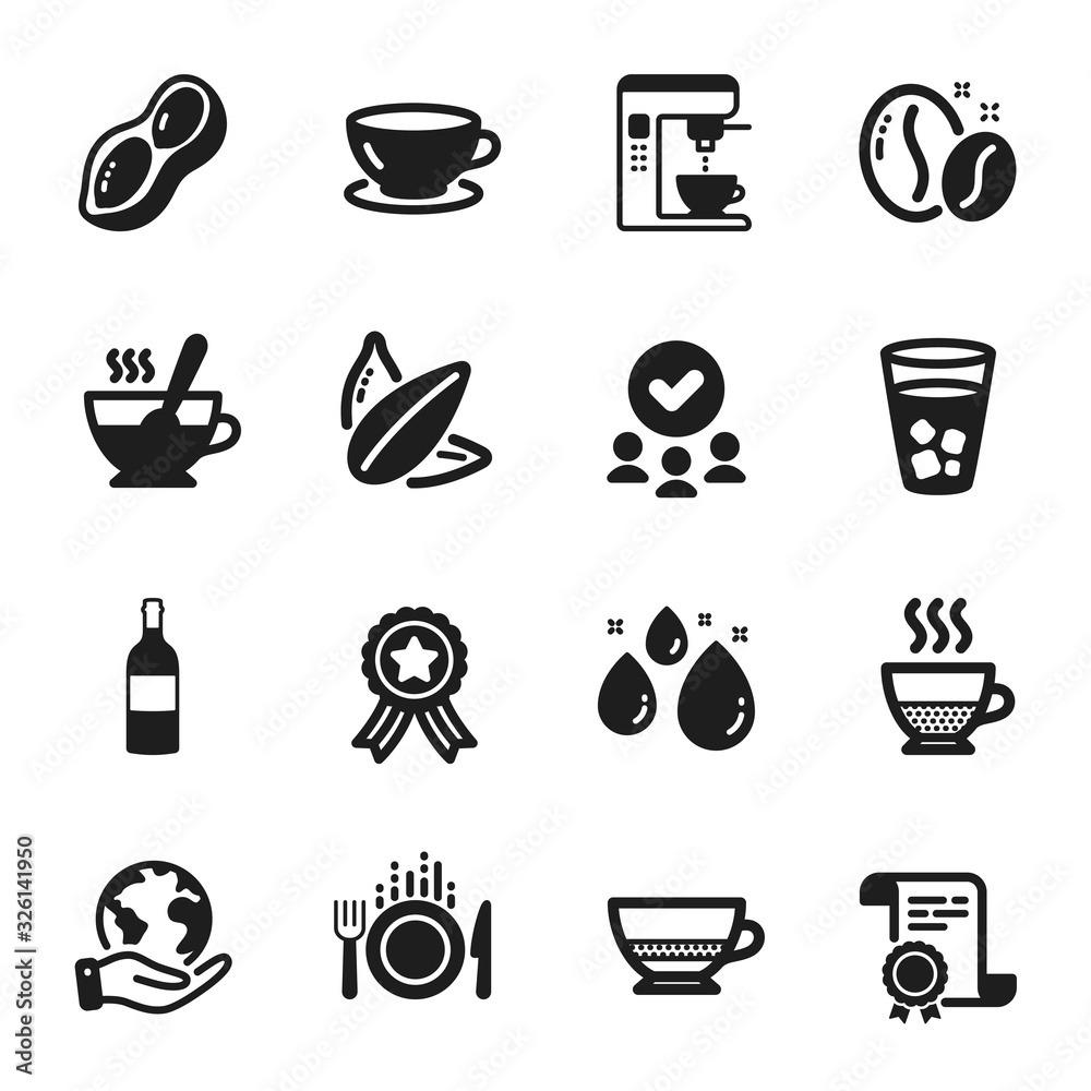 Set of Food and drink icons, such as Sunflower seed, Water drop. Certificate, approved group, save planet. Tea cup, Bombon coffee, Food. Ice tea, Coffee maker, Espresso. Vector Set of Food and drink icons, such as Sunflower seed, Water drop. Certificate, approved group, save planet. Tea cup, Bombon coffee, Food. Ice tea, Coffee maker, Espresso. Vector