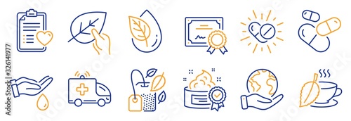 Set of Healthcare icons, such as Ambulance car, Wash hands. Certificate, save planet. Mint tea, Organic product, Capsule pill. Patient history, Organic tested, Mint bag. Vector