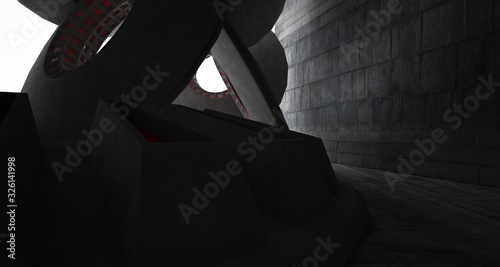 Abstract architectural concrete interior with discs. 3D illustration and rendering.