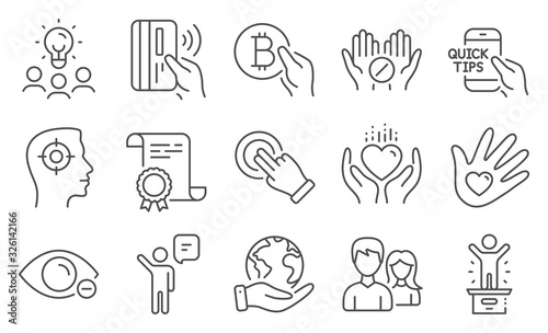 Set of People icons, such as Education, Winner podium. Diploma, ideas, save planet. Touchscreen gesture, Medical tablet, Hold heart. Social responsibility, Myopia, Contactless payment. Vector