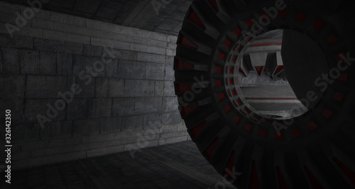 Abstract architectural concrete interior with discs. 3D illustration and rendering.