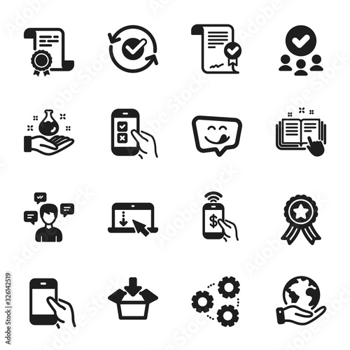 Set of Technology icons, such as Conversation messages, Scroll down. Certificate, approved group, save planet. Yummy smile, Mobile survey, Chemistry lab. Approved agreement, Approved, Get box. Vector