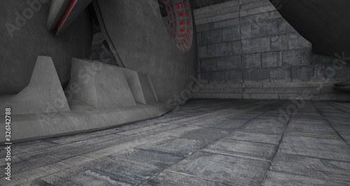 Abstract architectural concrete interior with discs. 3D illustration and rendering.