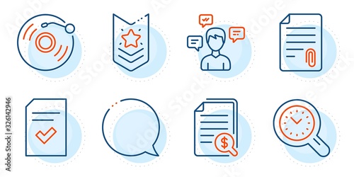 Shoulder strap, Checked file and Vinyl record signs. Conversation messages, Financial documents and Time management line icons set. Speech bubble, Attachment symbols. Outline icons set. Vector