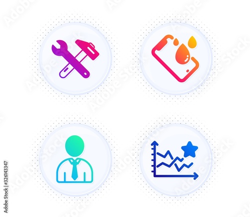 Smartphone waterproof, Spanner tool and Human icons simple set. Button with halftone dots. Ranking stars sign. Phone, Repair, Person profile. Winner results. Business set. Vector