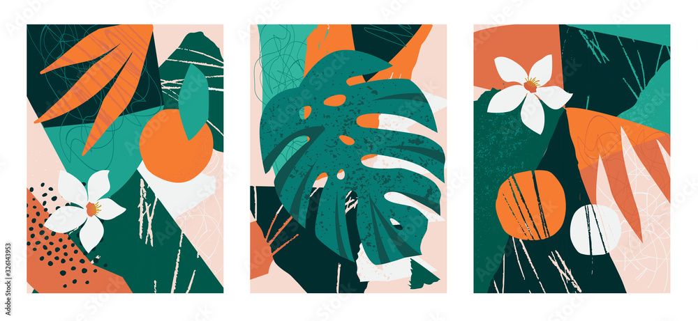 Naklejka Set of collages contemporary floral. Modern exotic jungle fruits and plants illustration in vector.