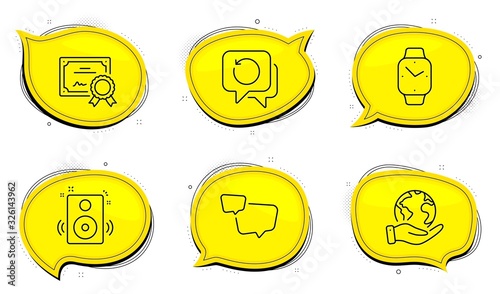 Speech bubble sign. Diploma certificate, save planet chat bubbles. Recovery data, Smartwatch and Speakers line icons set. Backup info, Digital time, Sound. Chat message. Education set. Vector