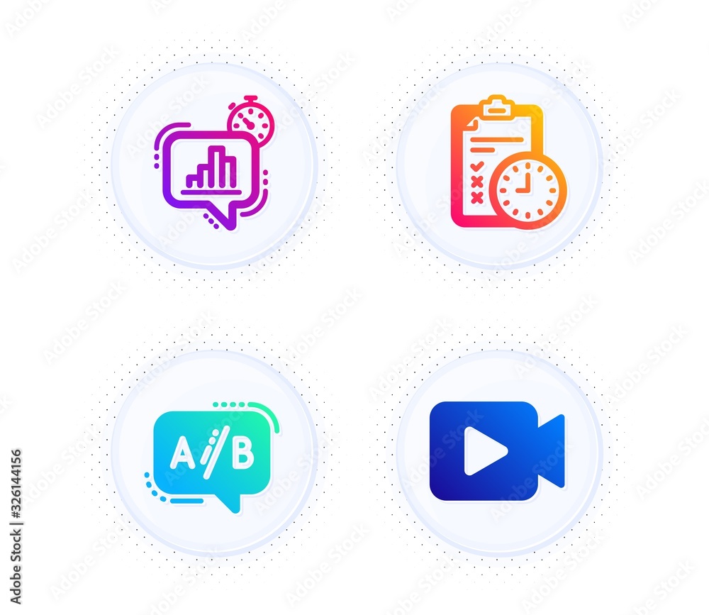 Statistics timer, Exam time and Ab testing icons simple set. Button with halftone dots. Video camera sign. Growth chart, Checklist, Test chat. Movie or cinema. Business set. Vector Statistics timer, Exam time and Ab testing icons simple set. Button with halftone dots. Video camera sign. Growth chart, Checklist, Test chat. Movie or cinema. Business set. Vector