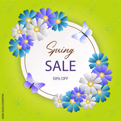  Spring sale banner, poster with blue, white, purple flowers, butterflies, gold text and round frame on isolated yellow background