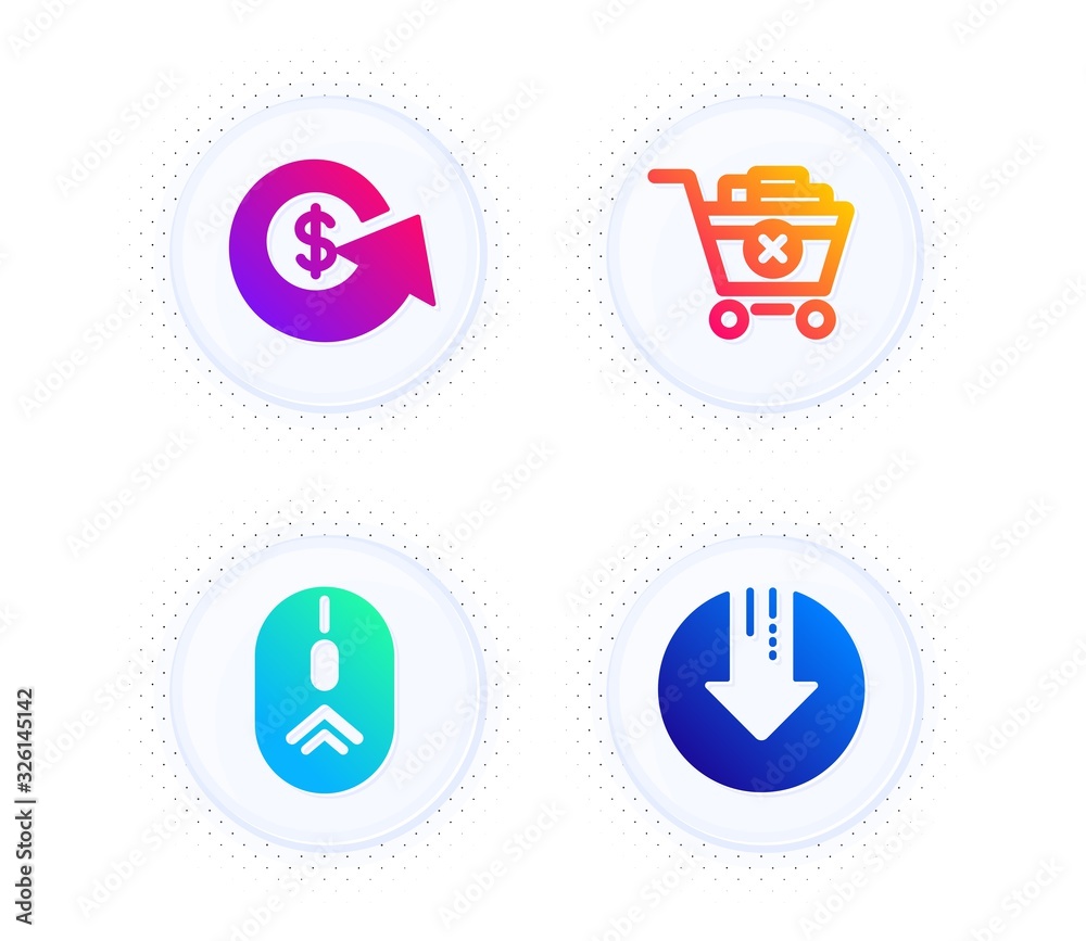 Swipe up, Remove purchase and Dollar exchange icons simple set. Button with halftone dots. Download arrow sign. Scrolling page, Delete from cart, Money refund. Crisis. Business set. Vector