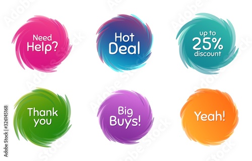 Swirl motion circles. Hot deal, 25% discount and need help. Thank you phrase. Sale shopping text. Twisting bubbles with phrases. Spiral texting boxes. Big buys slogan. Vector