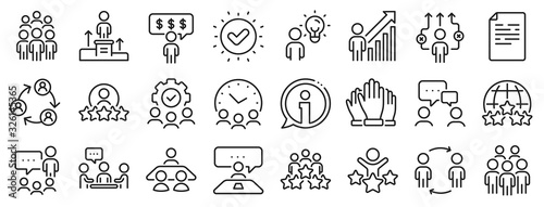 Team, meeting, job structure. Business people line icons. Group people, communication, member icons. Congress, talk person, partnership. Job interview, business idea, voting. Vector
