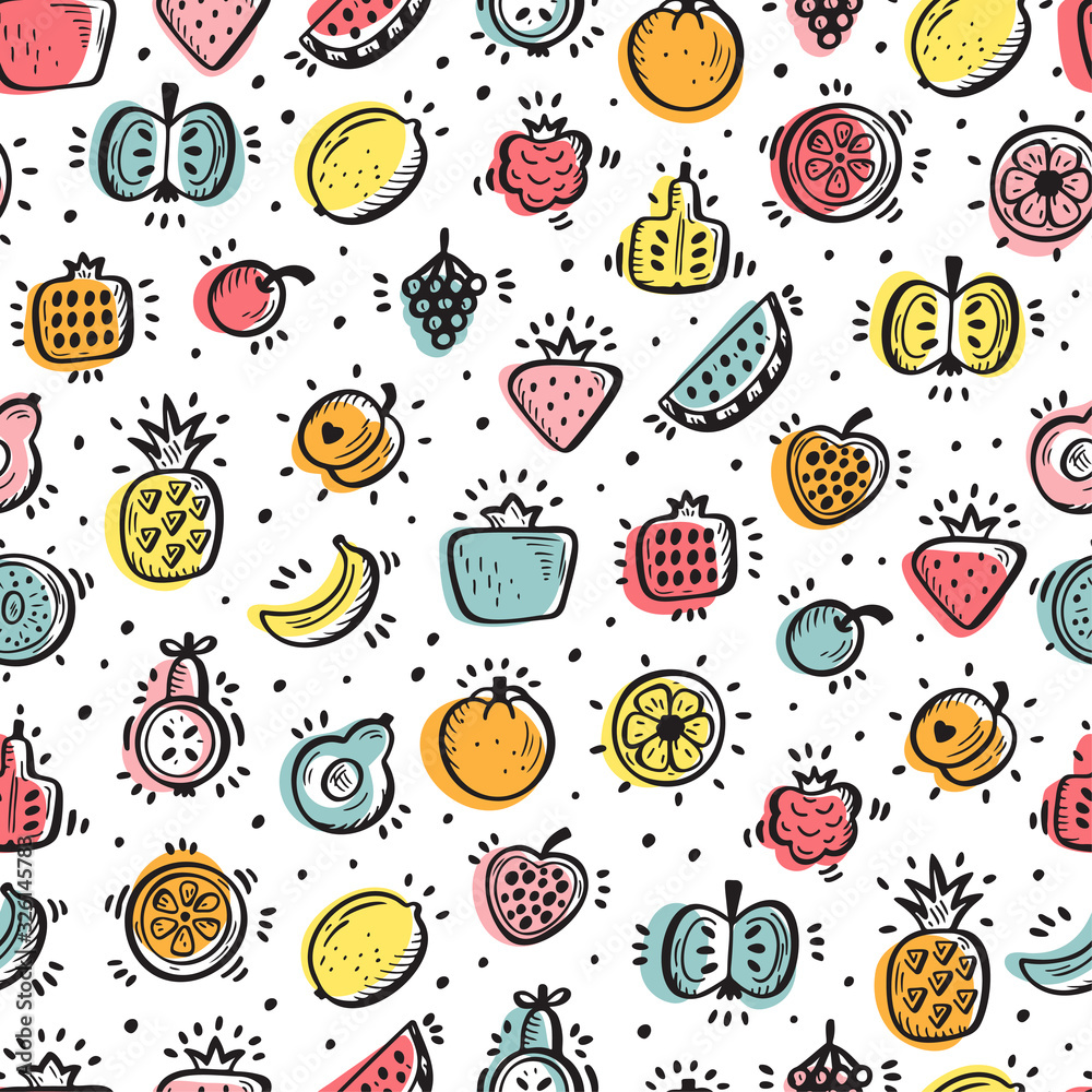 Food background. Doodle Fruits and Berries Seamless pattern. Vector illustration Food background. Doodle Fruits and Berries Seamless pattern. Vector illustration
