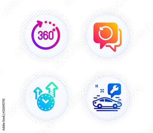 Time management, 360 degrees and Recovery data icons simple set. Button with halftone dots. Car service sign. Office clock, Panoramic view, Backup info. Repair service. Technology set. Vector