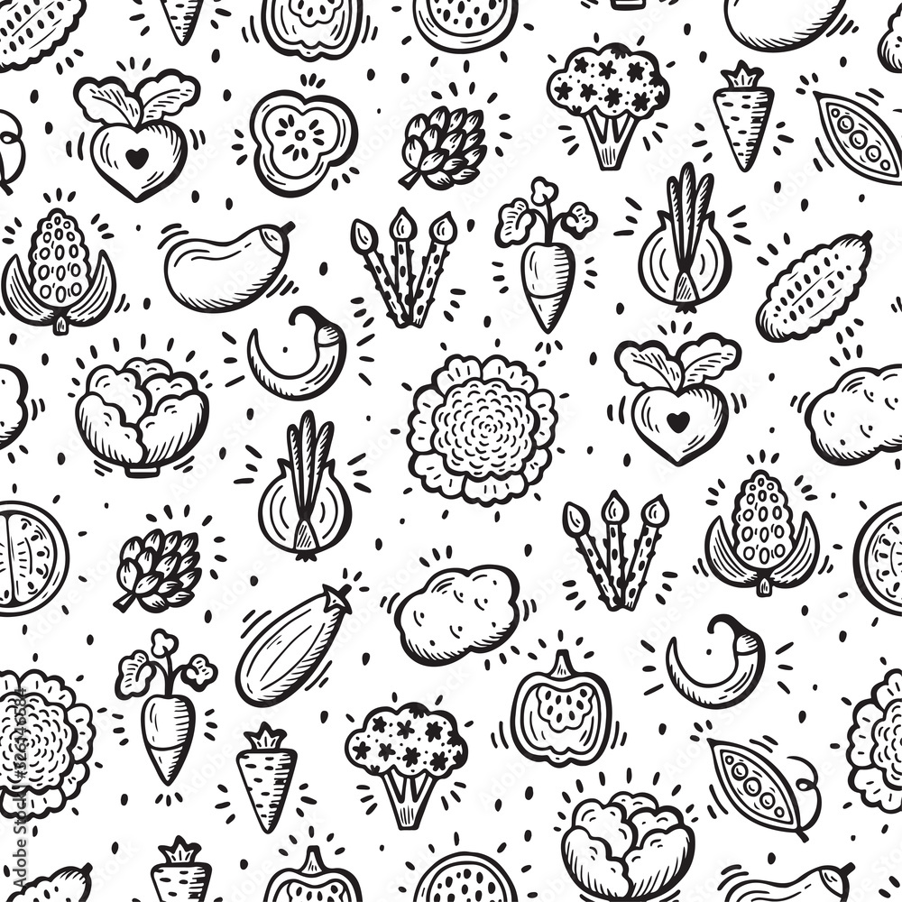 Food background. Doodle Vegetables Seamless pattern. Vector illustration Food background. Doodle Vegetables Seamless pattern. Vector illustration