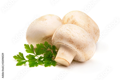 Fresh Champignon Mushrooms with parsely leaf, isolated on white background