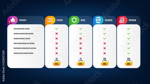 Web lectures, Security and Washing machine icons simple set. Price list, pricing table. Phone survey sign. Online test, Protection shield, Repair service. Mobile quiz test. Technology set. Vector