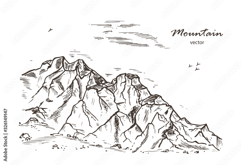 Obraz premium Mountains sketch. Hand drawn Rocks vector illustration