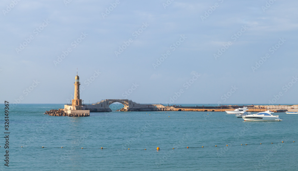 Montazah beach. Landscape with lighthouse tower
