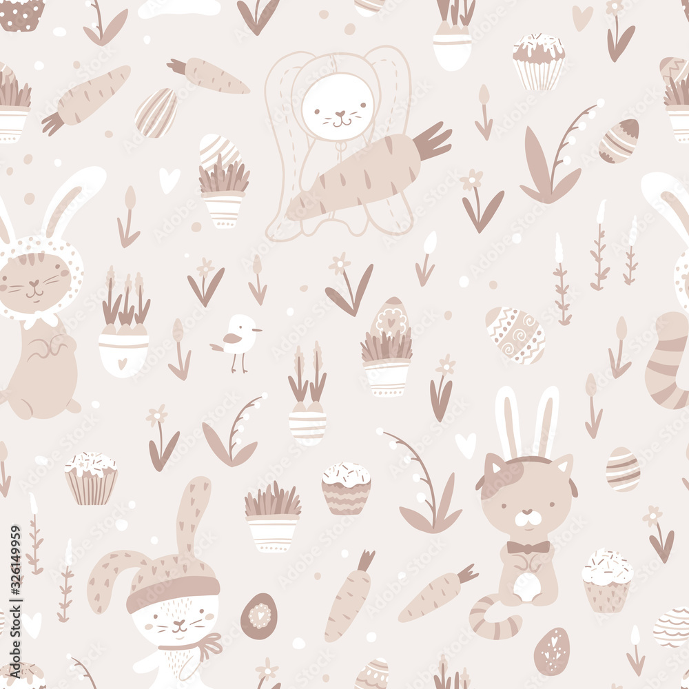 Easter seamless pattern with cats in rabbit costumes with cupcakes, eggs, carrots and spring flowers in simple cartoon hand-drawn style. Vector childish stock illustration in pastel palette