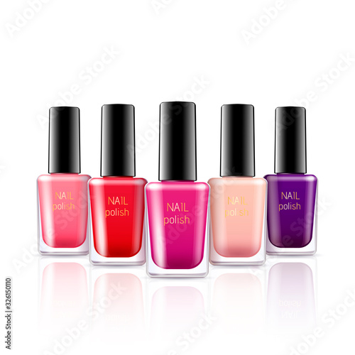 Vector illustration set of a color nail polish. Isolated realistic glass bottles on white background