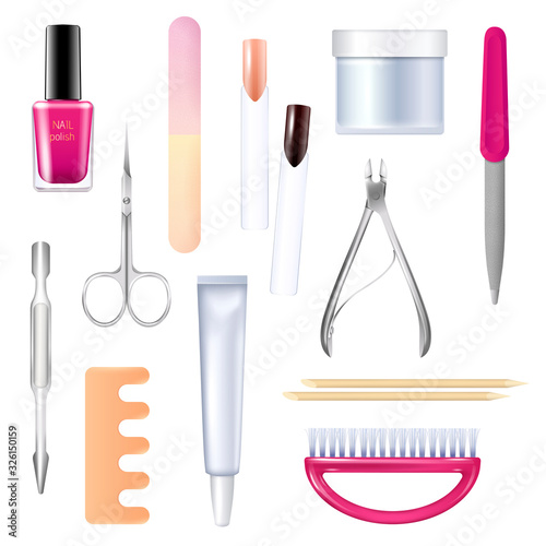 Vector illustrations of nails salon set on white background. Colorful realistic illustration