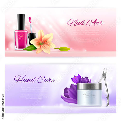 Horizontal beauty banners of pedicure and manicure salon elements with tender flowers. Colorful realistic vector illustration