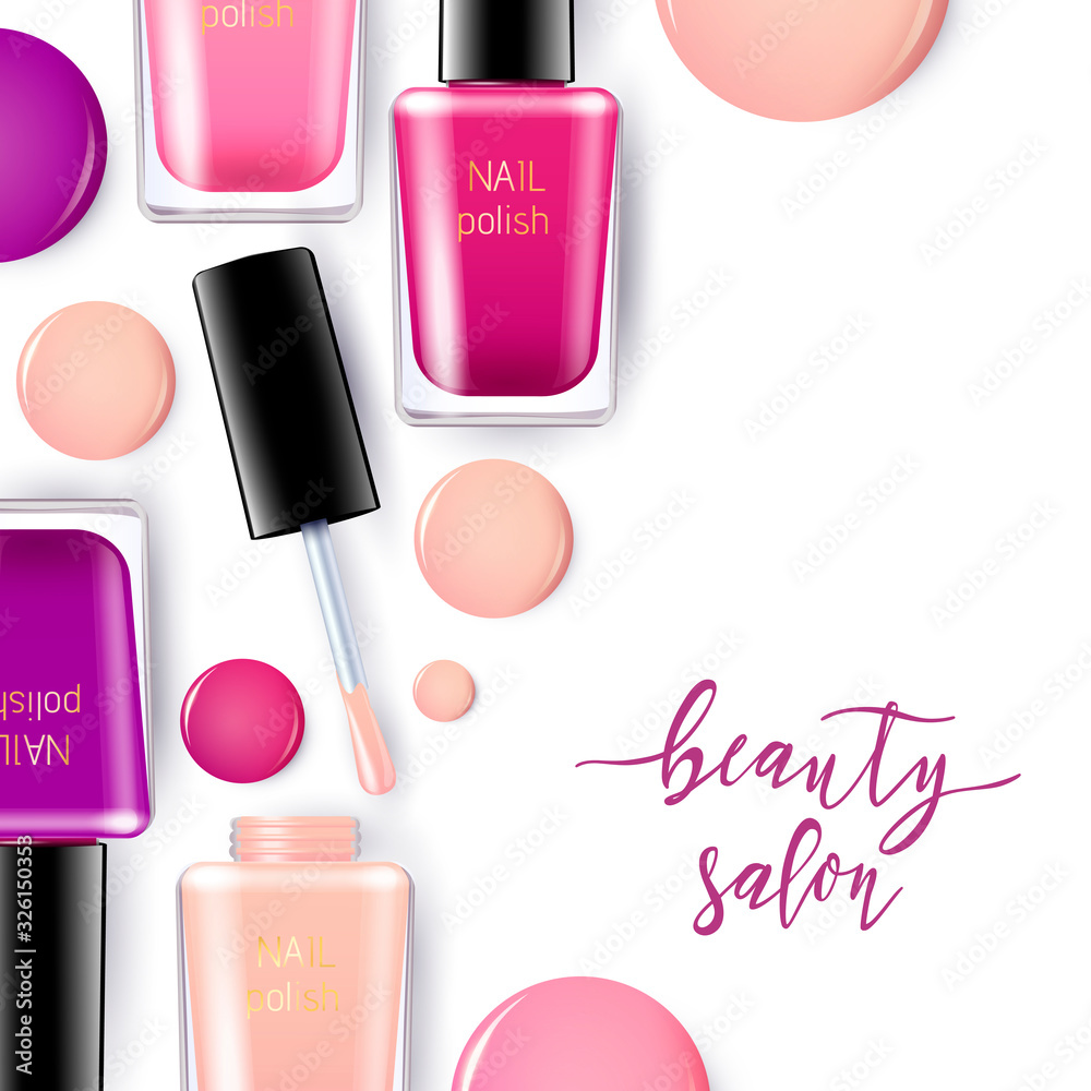 Vector illustrations of nail polish and brushes with drops of nail polish. Isolated realistic objects with colorful inscription on white background