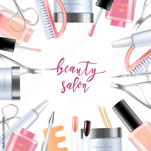 Vector illustrations of nails salon set on white background. Colorful realistic illustration