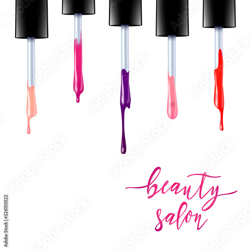 Vector illustration of a nail polish dripping from brush. Isolated realistic objects with colorful inscription on white background