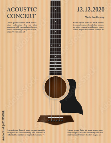 Acoustic music festival flyer poster design template, acoustic guitar on wood texture background, vector illustration