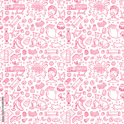Bubble Gum Vector Seamless pattern. Hand Drawn Doodle Chewing Gums and Candy. Sweets Pink background