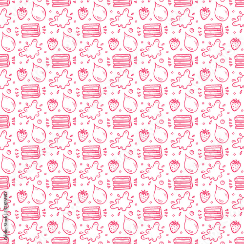 Sweets. Strawberry Bubble Gum Seamless pattern. Hand Drawn Doodle Chewing Gums. Vector illustration